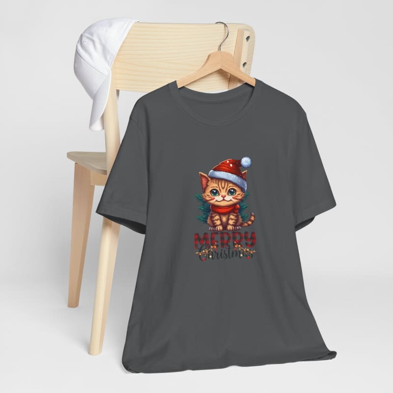 Dark gray t-shirt featuring a cartoon cat wearing a Santa hat and Christmas lights.