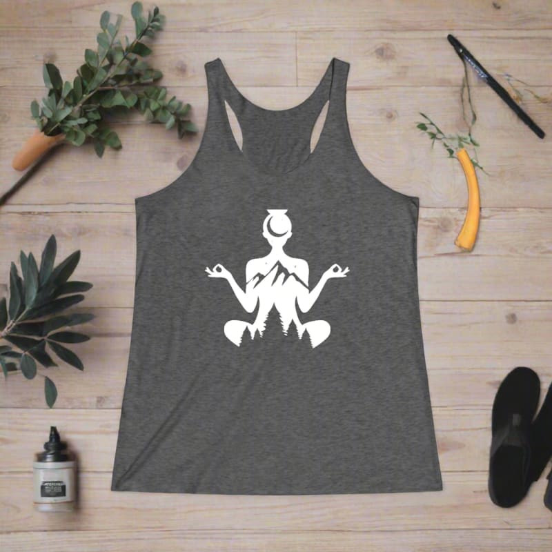 Dark gray tank top with a white meditation figure design on the front.