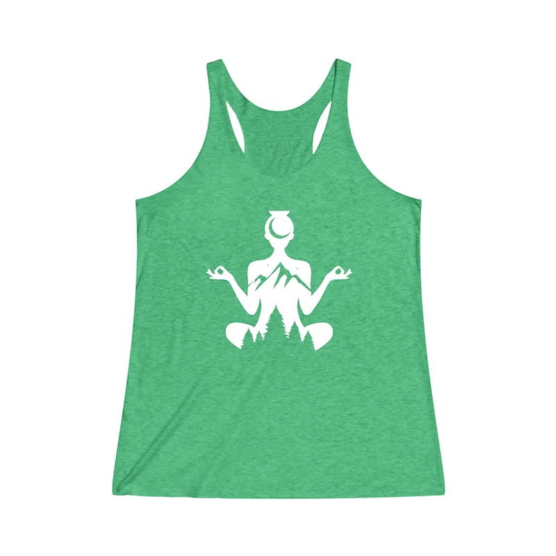 Green racerback tank top with a white meditation figure design on the front.