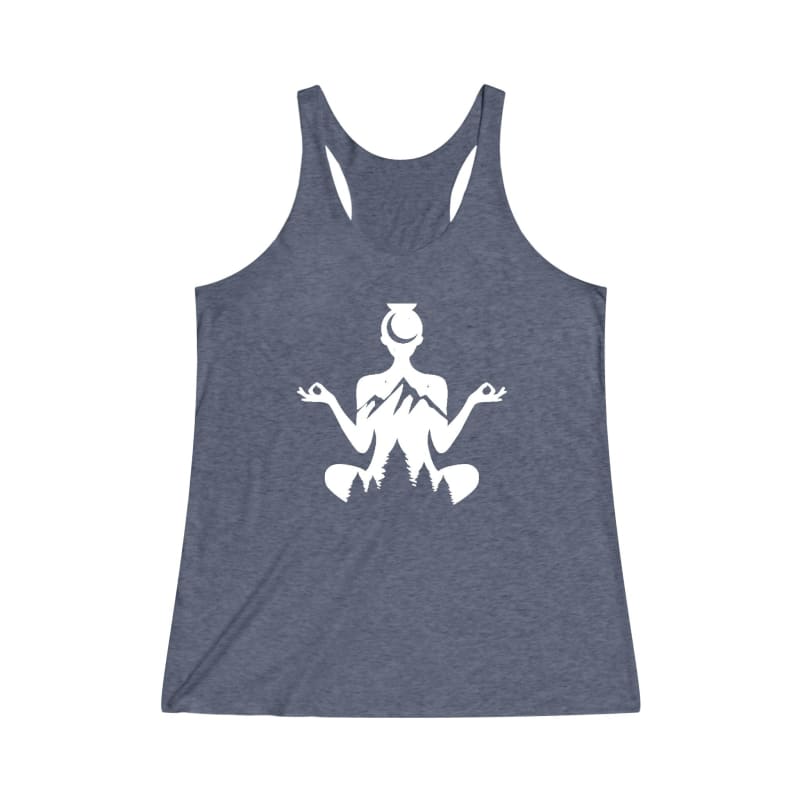 Gray racerback tank top with a white meditation figure design on the front.