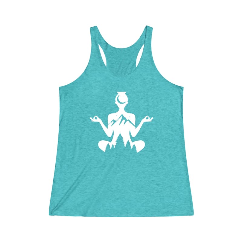 Teal racerback tank top with a white meditating frog graphic design.