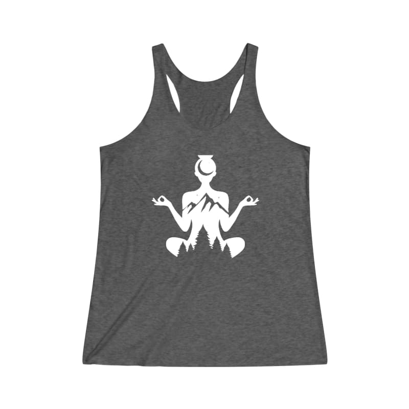 Dark gray racerback tank top with a white meditation figure design on the front.