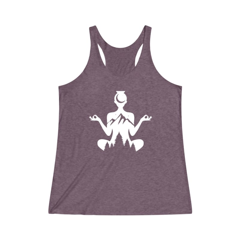 Purple racerback tank top with a white meditation figure design on the front.