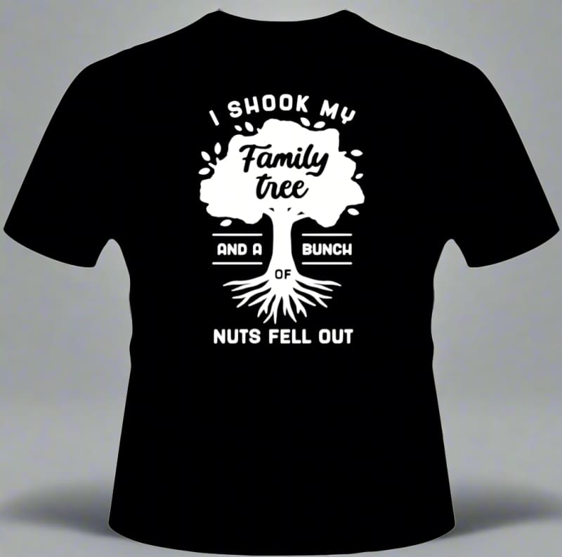 Black t-shirt with white text and graphics about shaking a family tree.