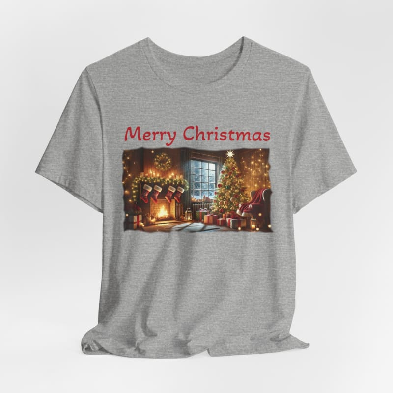 Grey t-shirt featuring a cozy Christmas scene with ’Merry Christmas’ text above it.