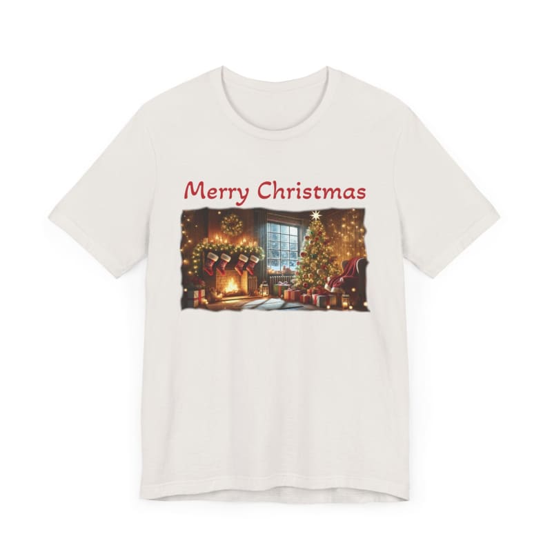 White t-shirt with a festive Christmas scene and ’Merry Christmas’ text printed on the front.