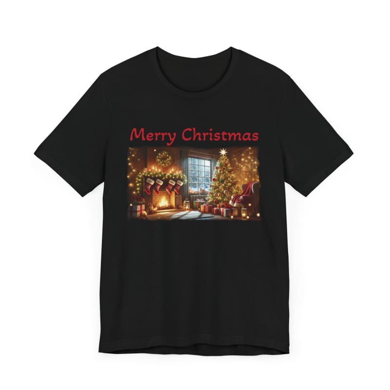 Black t-shirt with a festive Christmas scene and ’Merry Christmas’ text printed on the front.