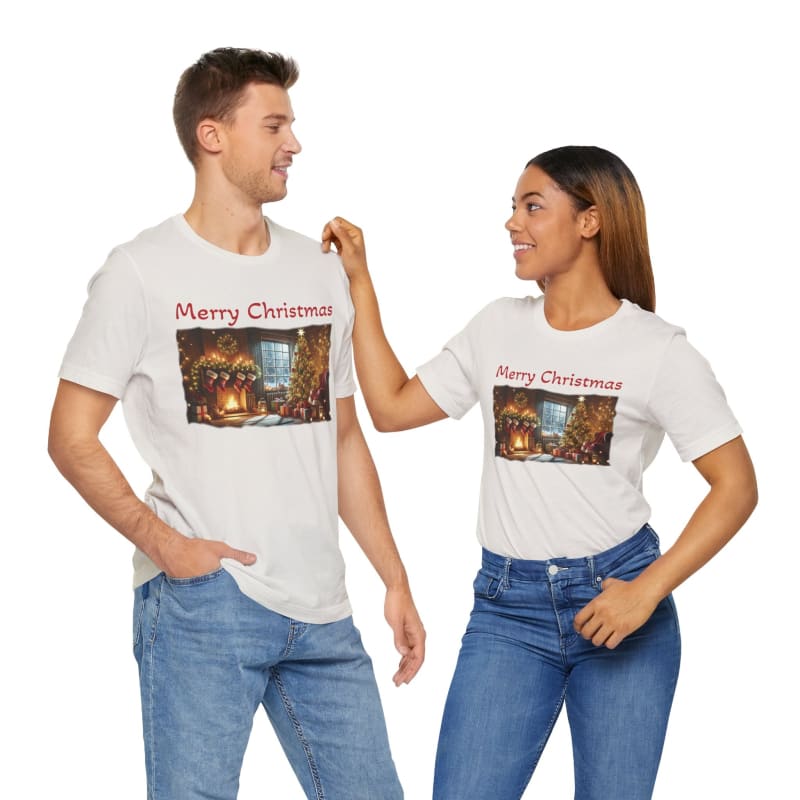 Matching white Christmas t-shirts with a festive scene printed on the front.