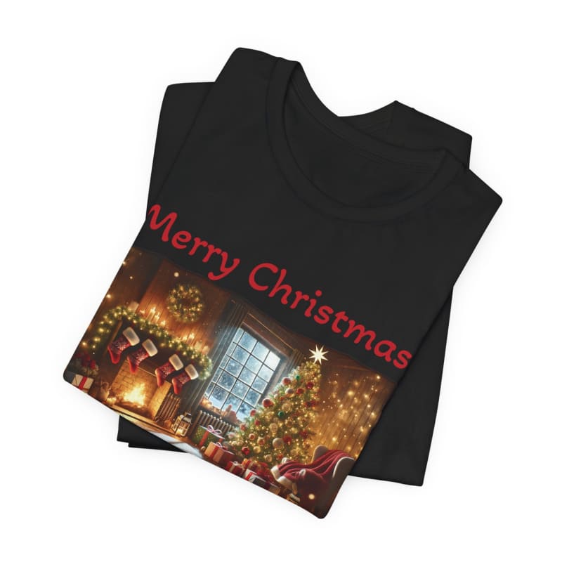 Black t-shirt with a festive Christmas scene and red ’Merry Christmas’ text printed on it.