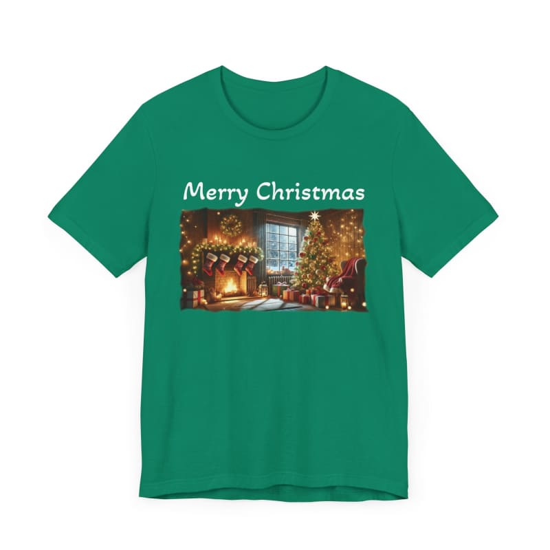 Green t-shirt with ’Merry Christmas’ text and a festive holiday scene printed on it.