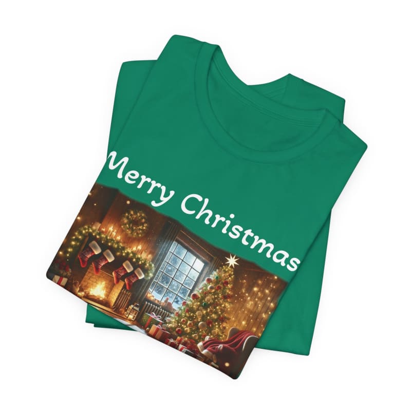 Green t-shirt with ’Merry Christmas’ text and festive holiday scene printed on it.