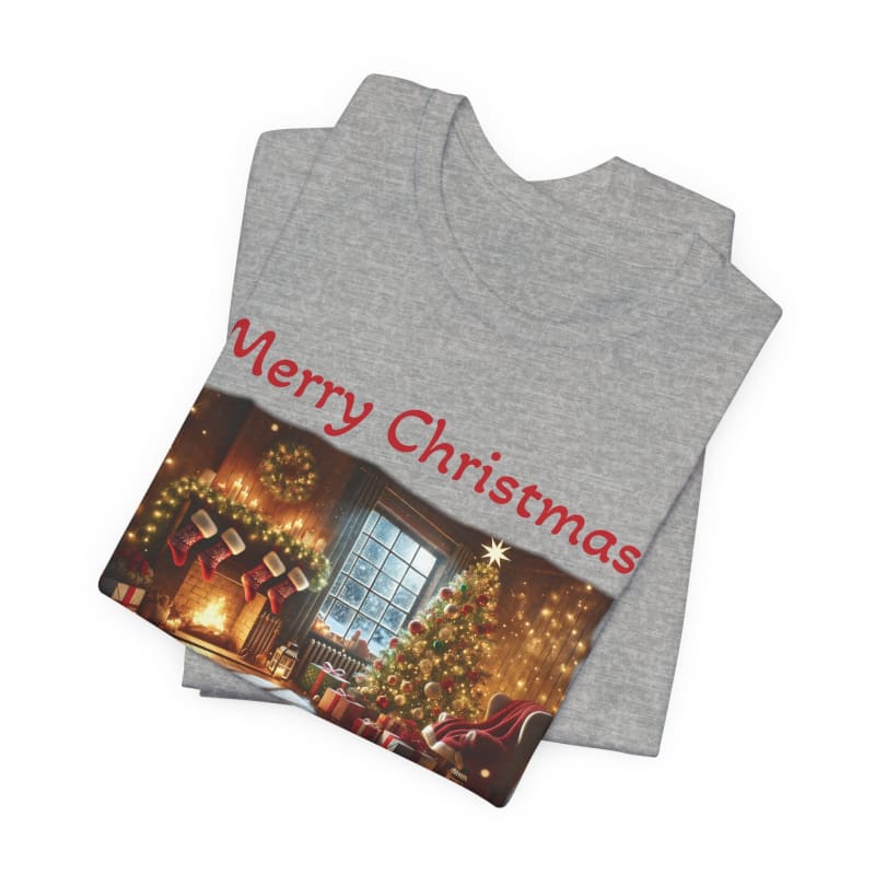 Grey t-shirt with a ’Merry Christmas’ design featuring a festive holiday scene.