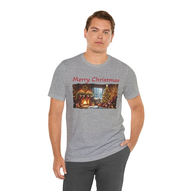 Grey t-shirt with a ’Merry Christmas’ winter scene graphic print.