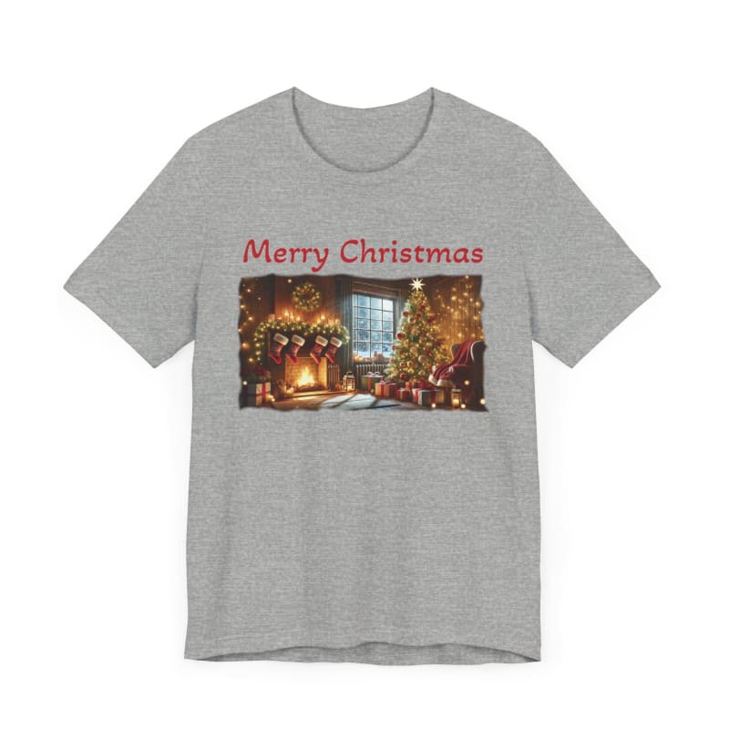 Grey t-shirt with a Christmas scene and ’Merry Christmas’ text printed on the front.