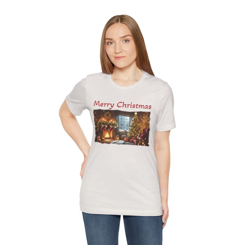 White t-shirt with a festive ’Merry Christmas’ design featuring a winter scene.