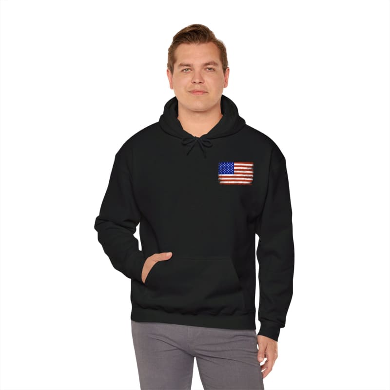 Black hoodie sweatshirt with an American flag patch on the chest.