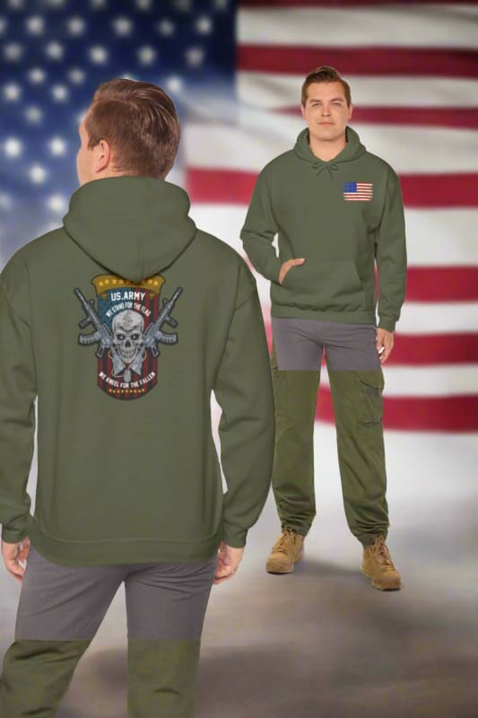 Military-style green hoodie with a patriotic eagle design on the back.