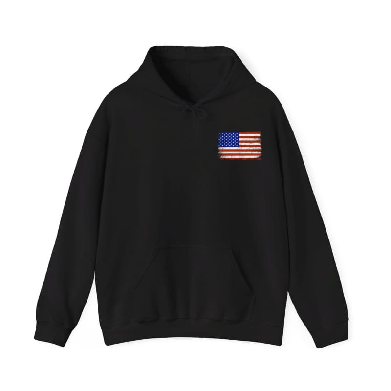 Black hoodie sweatshirt with an American flag patch on the chest.