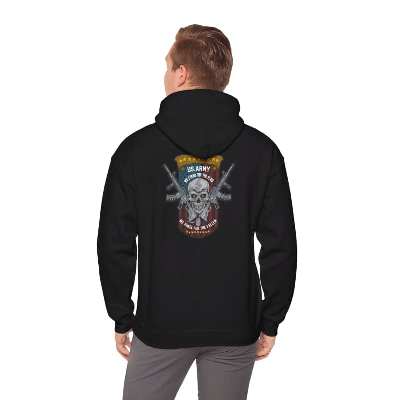 Black hoodie with a skull and weapons design on the back.