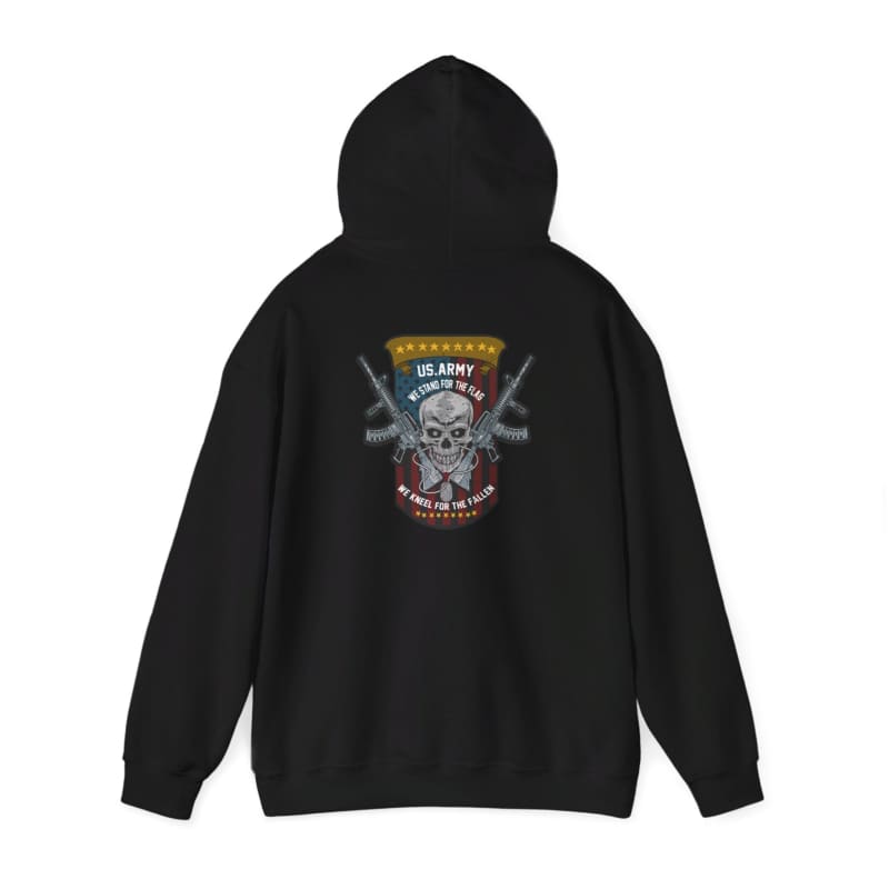 Black hoodie with a skull and guns graphic design on the back.