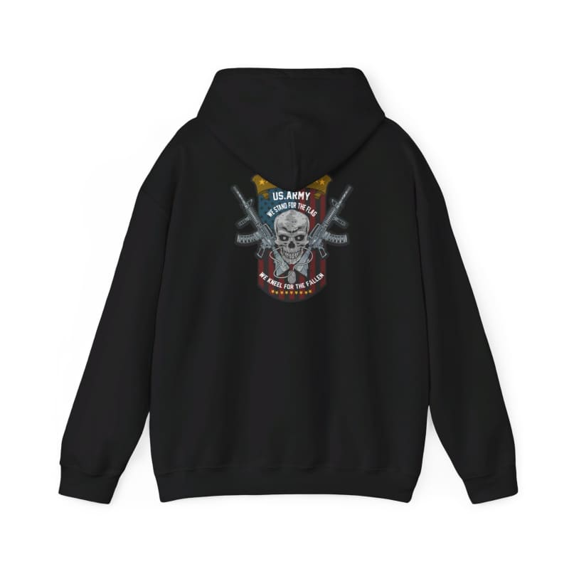 Black hoodie with a skull and weapons design on the back.