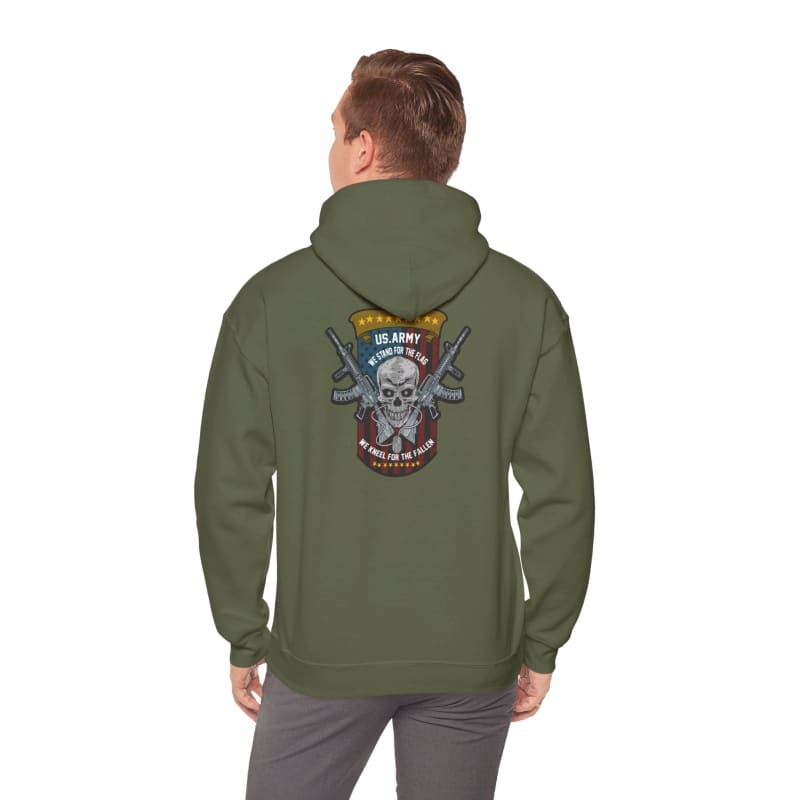 Green hoodie with a military-themed skull design on the back.