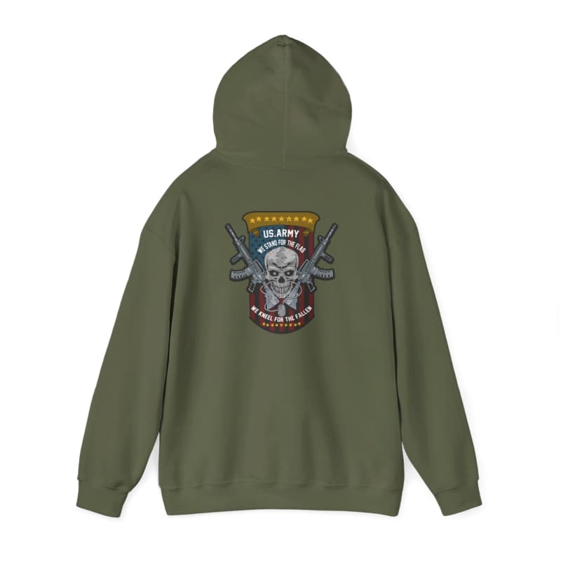 Olive green hooded sweatshirt with a skull and guns design on the back.