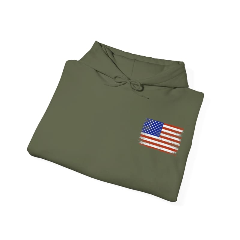 Olive green sweatshirt with an American flag patch on the chest.