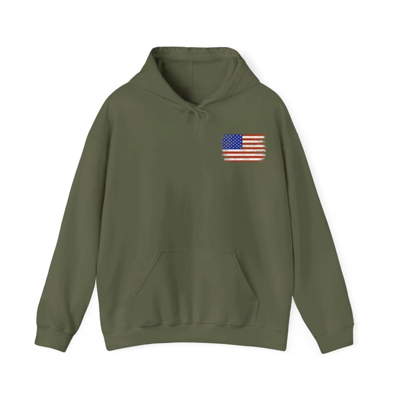 Olive green hoodie sweatshirt with an American flag patch on the chest.