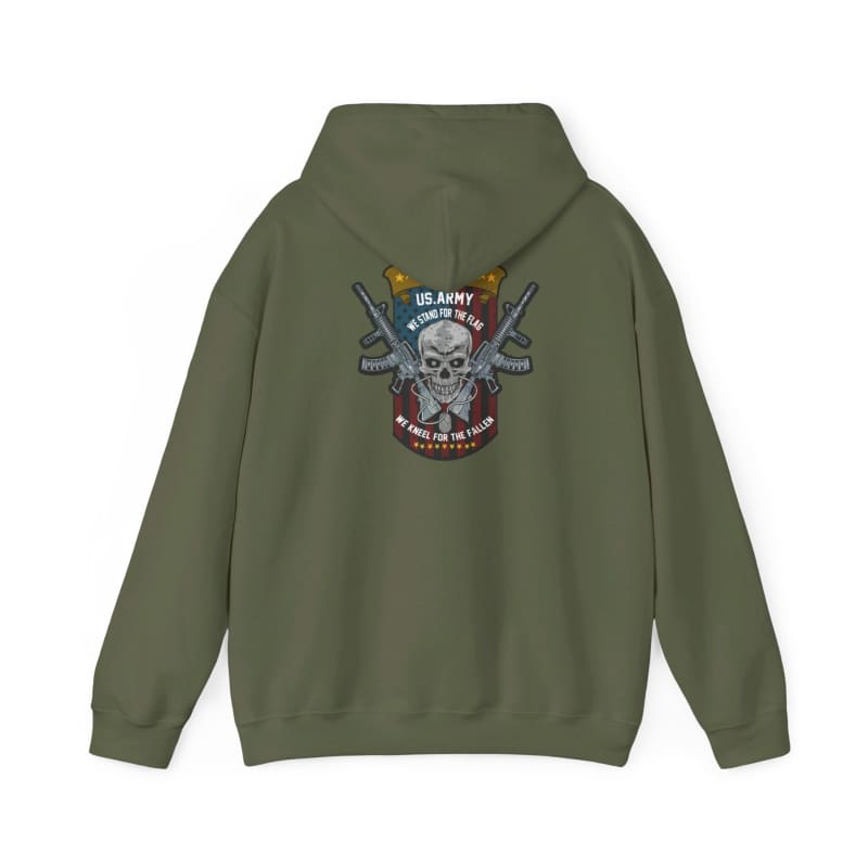 Olive green hoodie with a military-themed skull and guns graphic on the back.