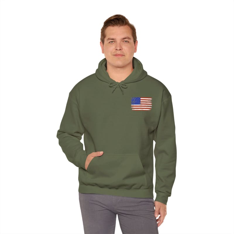 Green hooded sweatshirt with an American flag patch on the chest.