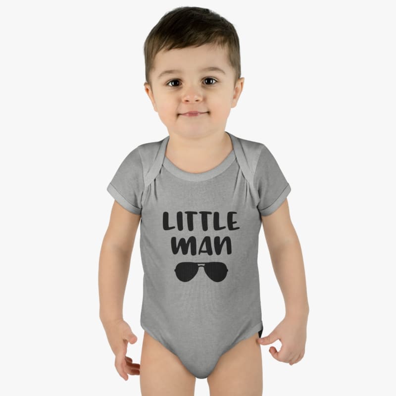 Gray baby onesie with ’LITTLE MAN’ and sunglasses graphic printed on the front.