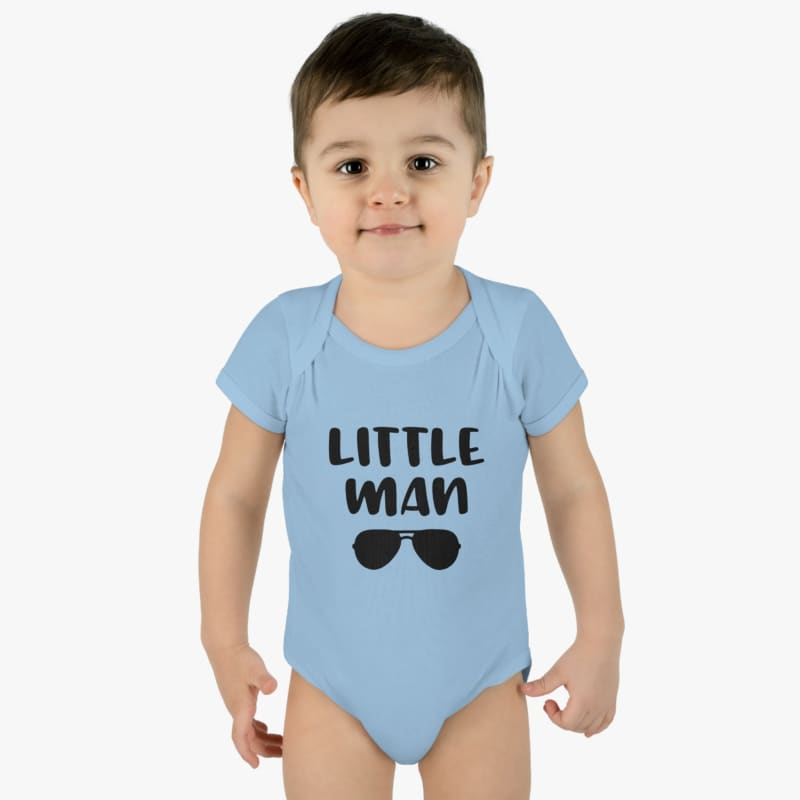 Light blue baby onesie with ’LITTLE MAN’ and sunglasses graphic printed on the front.