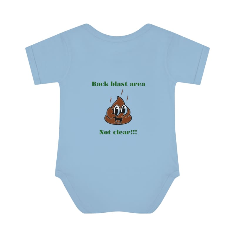 Light blue baby onesie with a humorous poop-themed graphic and text.