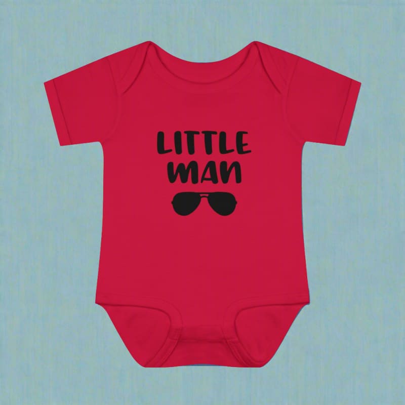 Red baby onesie with ’LITTLE MAN’ text and sunglasses graphic printed on it.