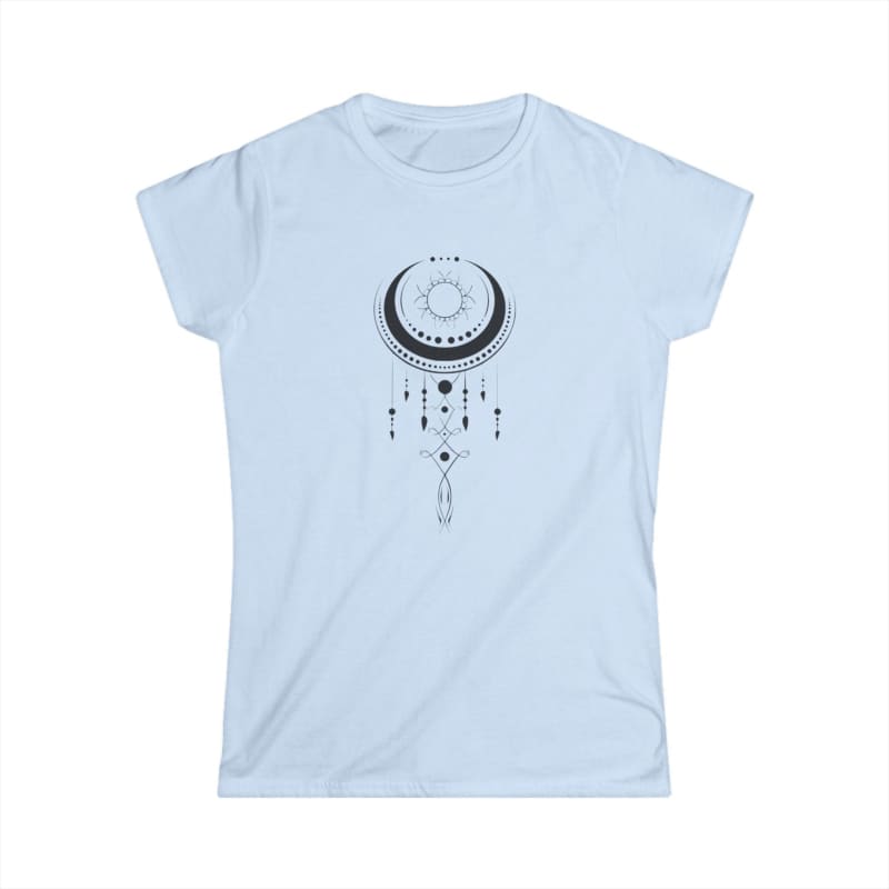 Light blue t-shirt with a mystical crescent moon and dangling geometric design printed in black.