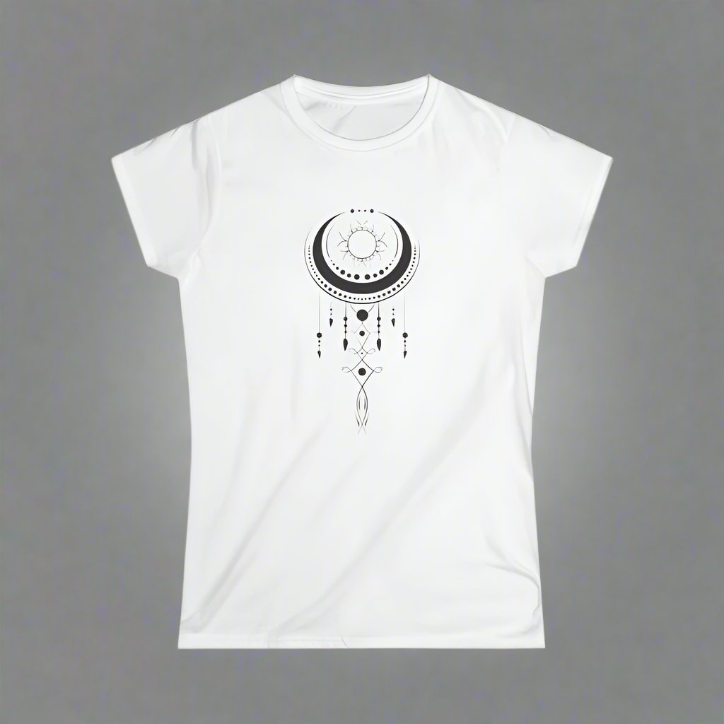 White t-shirt with a black crescent moon and geometric dreamcatcher design.