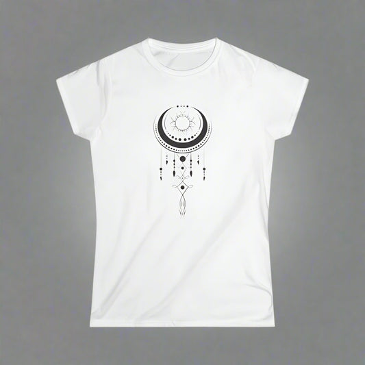 White t-shirt with a black crescent moon and geometric dreamcatcher design.