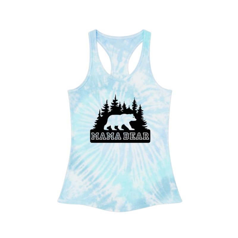 Light blue tie-dye tank top with a ’Mama Bear’ graphic featuring a bear silhouette and pine trees.