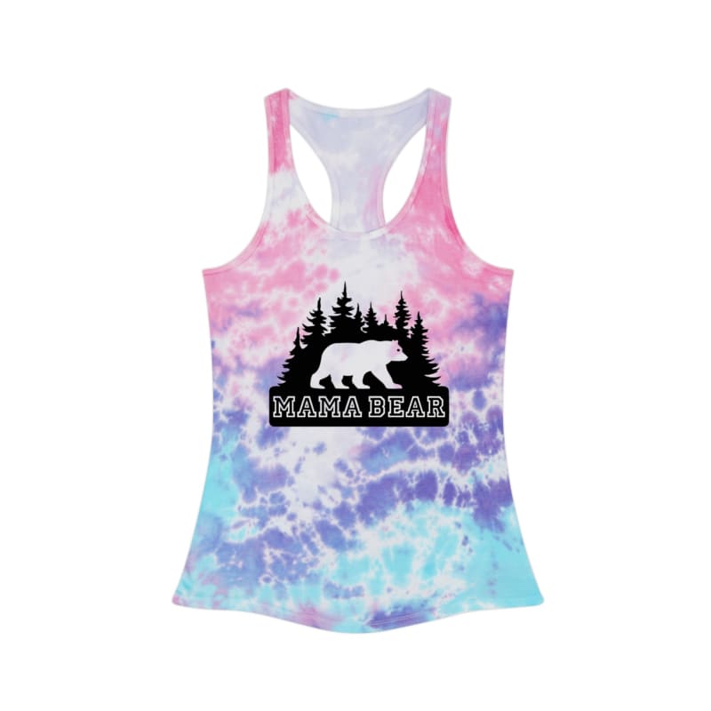 Tie-dye tank top featuring a ’Mama Bear’ design with a bear silhouette and pine trees.