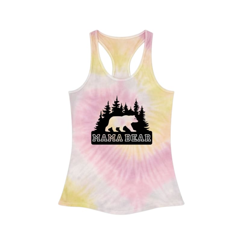 Tie-dye tank top with a ’Mama Bear’ design featuring a bear silhouette and pine trees.