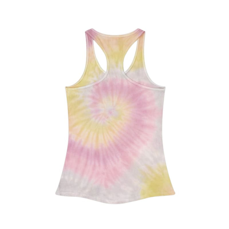 Tie-dye patterned racerback tank top in pastel yellow and pink hues.