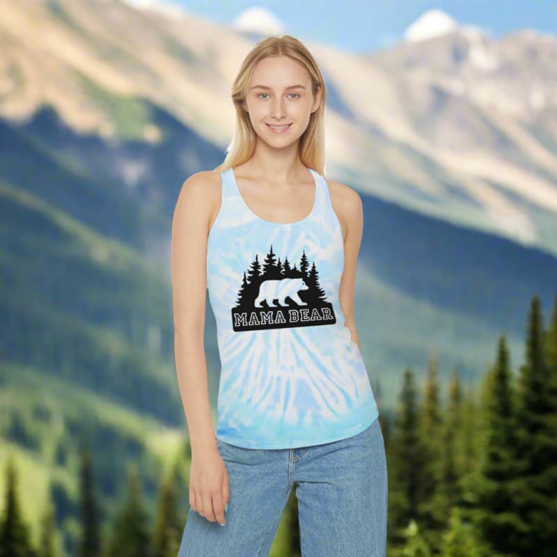 Light blue tie-dye tank top with a ’Mama Bear’ graphic featuring a bear silhouette and trees.