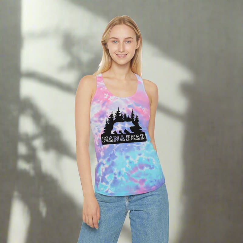 Colorful tie-dye tank top featuring a ’Mama Bear’ design with a bear silhouette and forest scene.