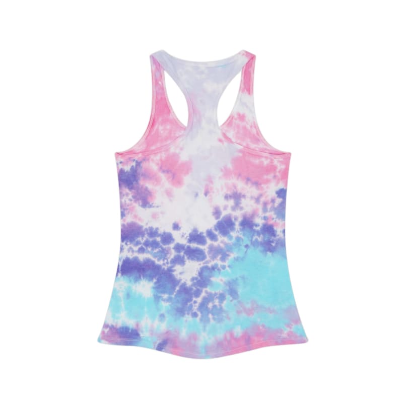 Tie-dye patterned women’s tank top with pastel pink, purple, and blue colors.