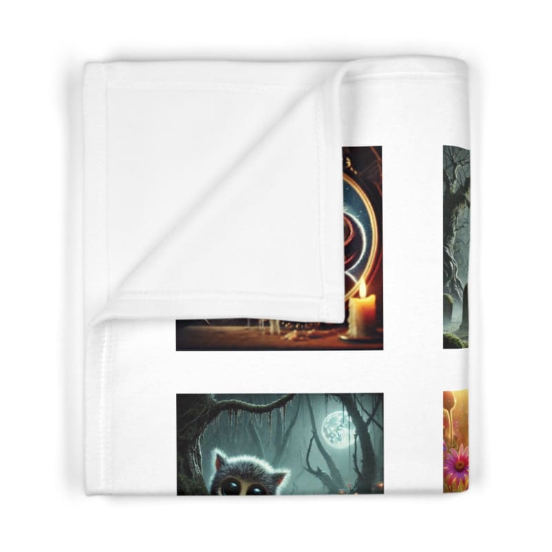 White throw blanket or fleece with colorful graphic image panels.