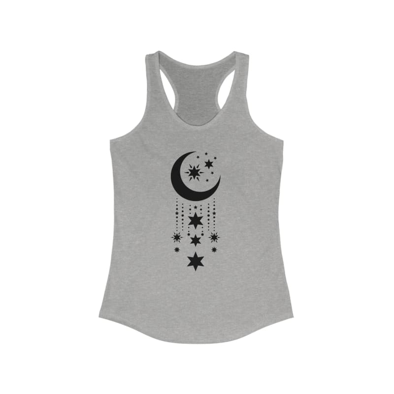 Gray racerback tank top with a black celestial moon and stars design.