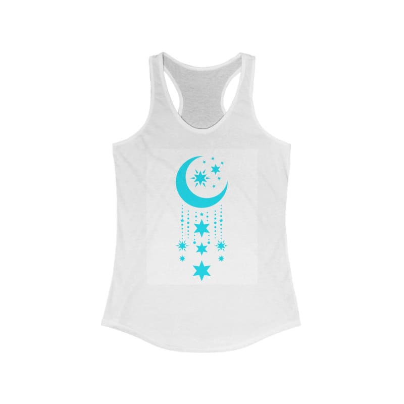 White racerback tank top with a turquoise moon and stars design.