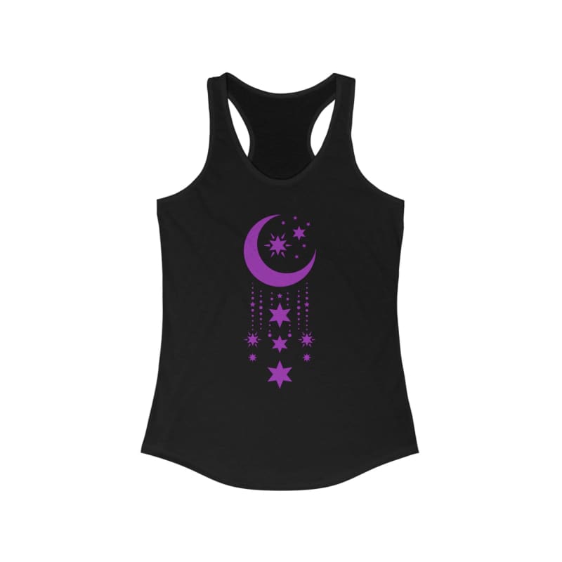 Black racerback tank top with a purple moon and stars design.