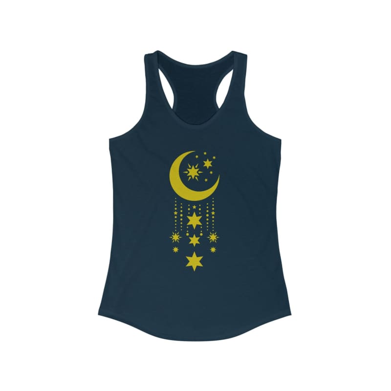 Navy blue racerback tank top with yellow moon and stars design.